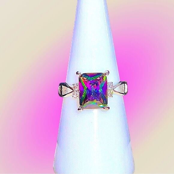 New Exclusively Fancy Mystic Rainbow .925 Sterling Silver Cushion Cut Ring w CZ - Picture 3 of 7